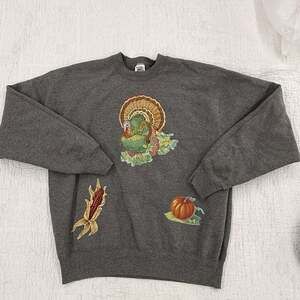 Vintage XL Fleece Crewneck Pullover Sweatshirt Gray Thanksgiving Turkey Graphic